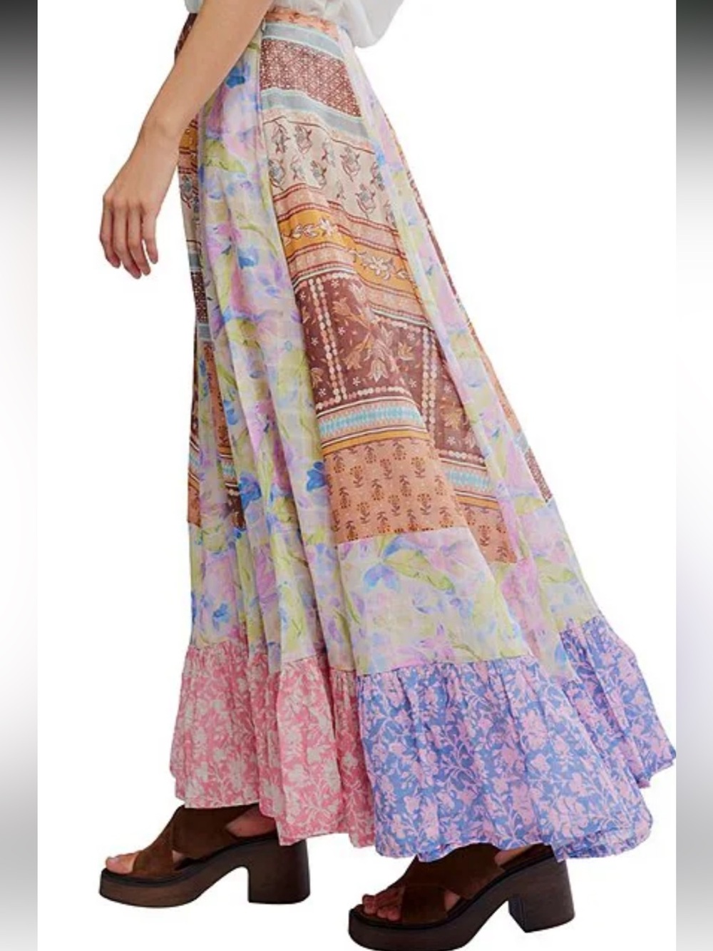 NWT🌷Free People Santa Eulalia Patchwork Printed Ruffle Hem A-Line Maxi Skirt - Picture 7 of 16